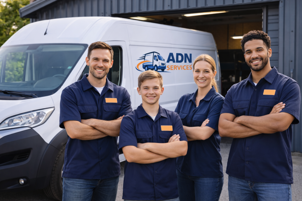 Transport de marchandises Paris Équipe ADN Services devant un garage avec camion utilitaire